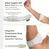 Close-up of an elbow support pad and a compression strap design for pain relief.