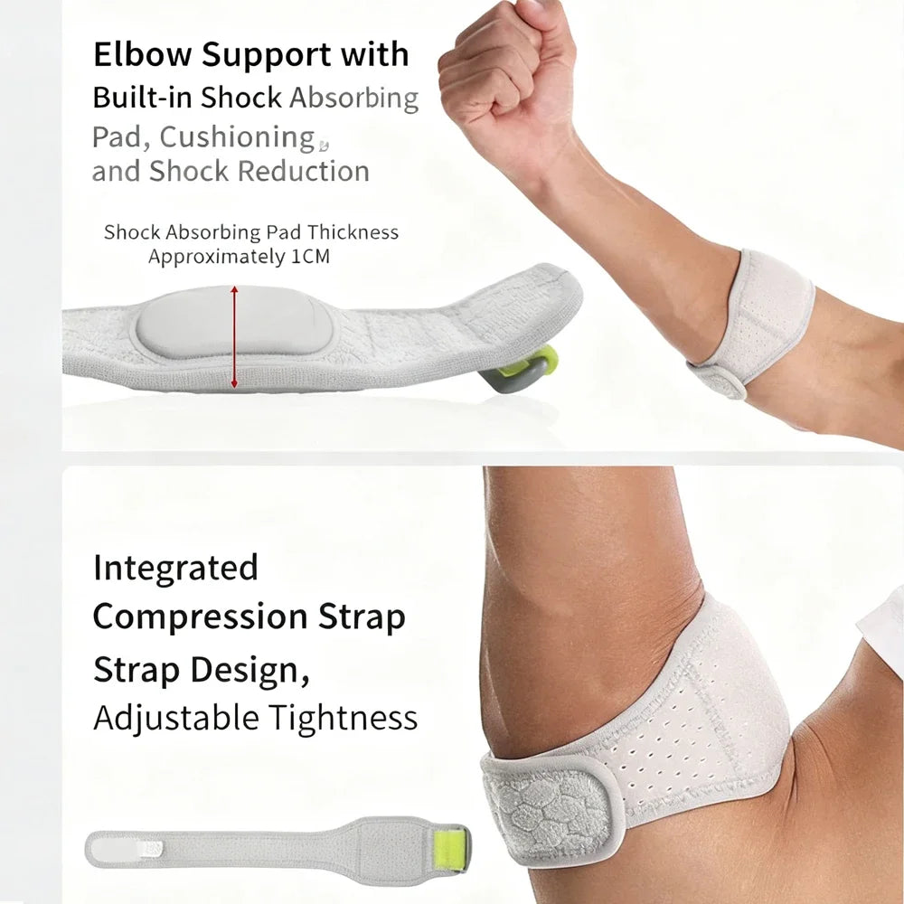 Close-up of an elbow support pad and a compression strap design for pain relief.