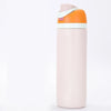 A pink insulated stainless steel thermos mug with an orange and white lid.