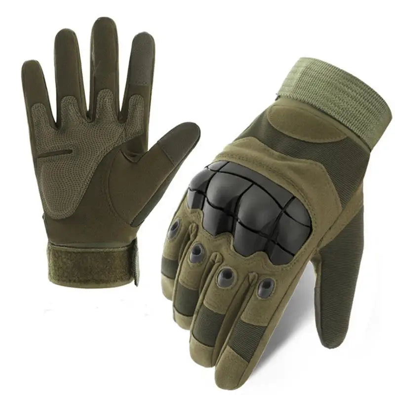 A pair of olive green tactical sports gloves shown against a white background.