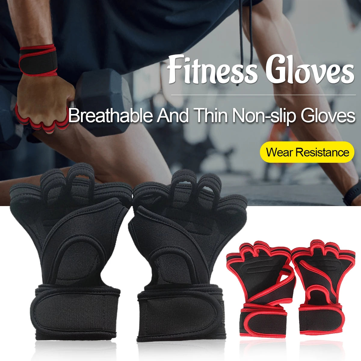 Pair of black breathable non-slip fitness gloves shown with red accents for workout use