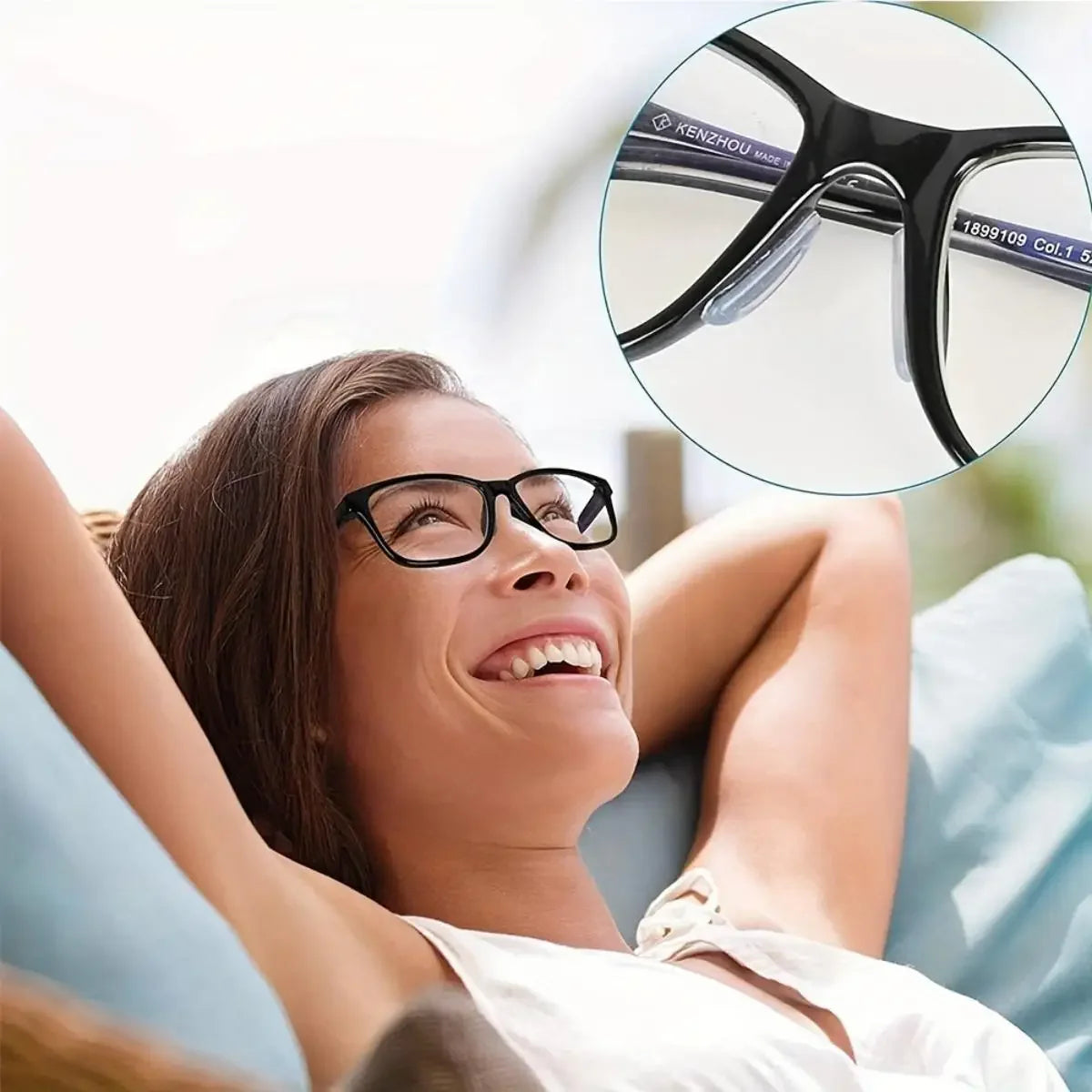 A woman smiling while wearing black eyeglasses with silicone anti-slip nose pads.
