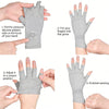 Step-by-step instructions showing how to put on and adjust fingerless compression gloves for hand pain relief.
