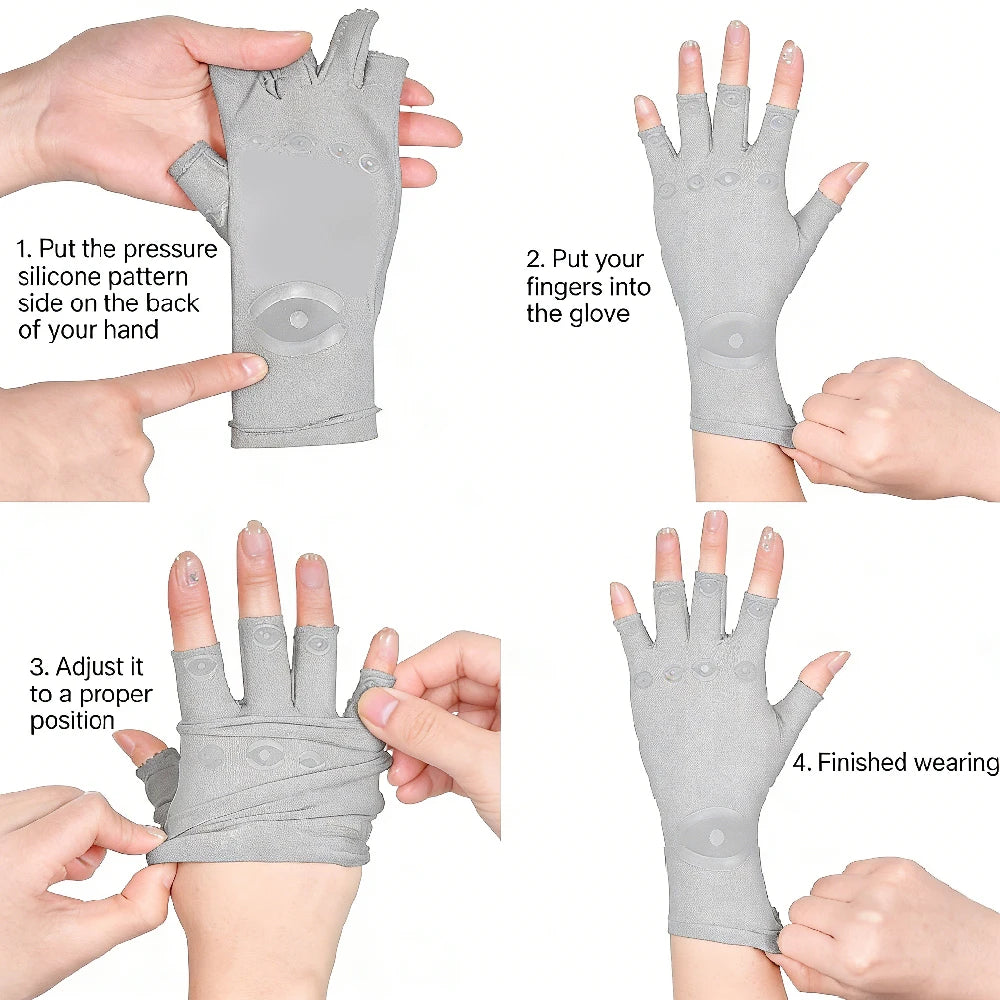 Step-by-step instructions showing how to put on and adjust fingerless compression gloves for hand pain relief.