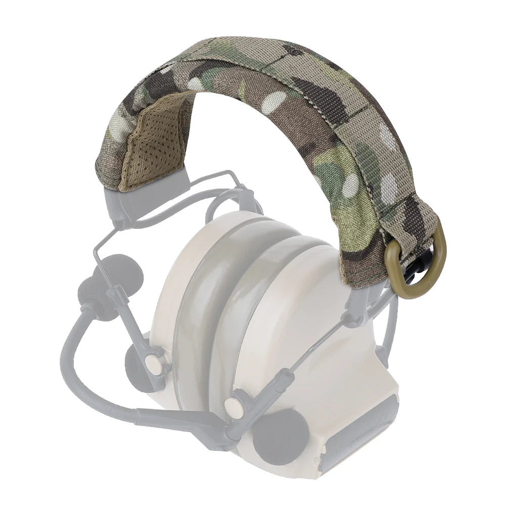 A tactical modular headset protection cover with a camouflage strap and a white foam ear cup.