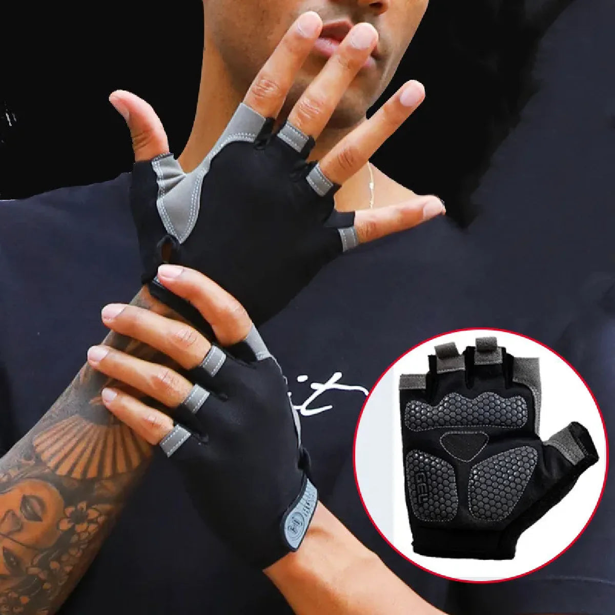 A hand wearing black breathable anti-slip gym workout gloves is shown against a dark background.
