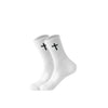 A pair of white knit mid-calf sports socks with black cross patterns shown from the side.
