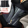 Black rubber latex corset body shaper with a zipper and steel bones visible on a model.