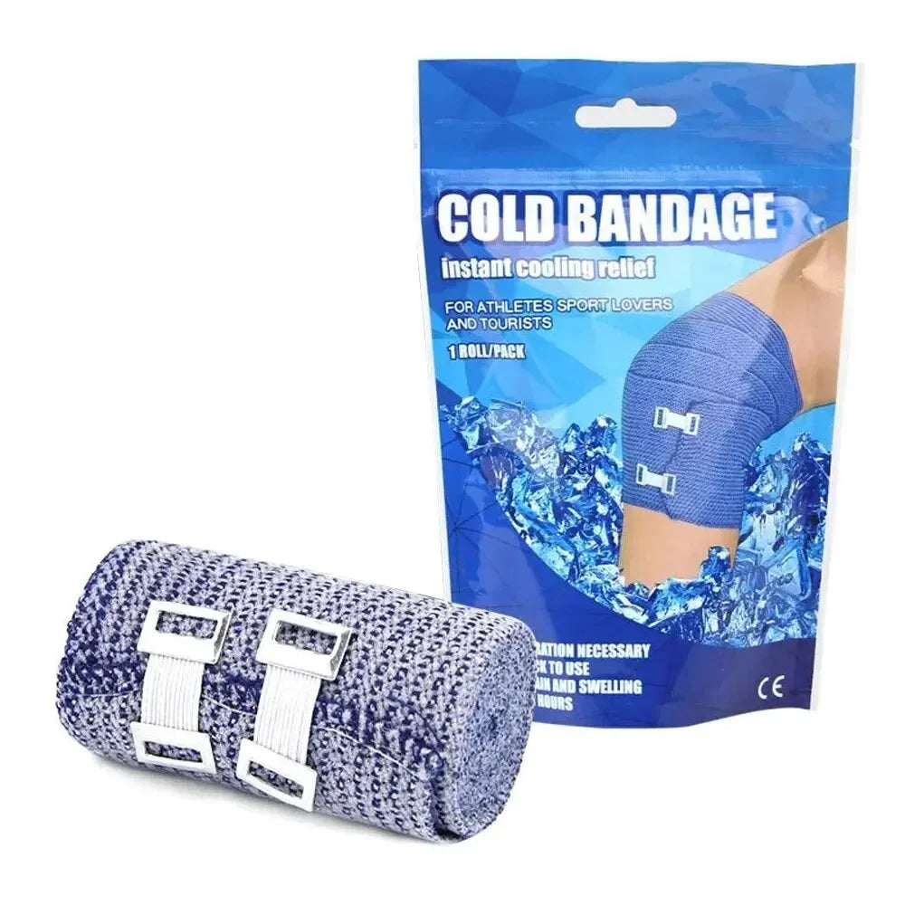 A blue instant cooling bandage package with a roll of self-adhesive ice tape for muscle recovery.