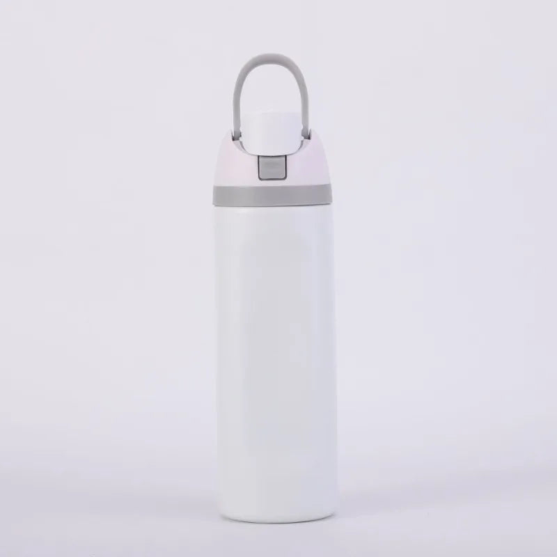 A white stainless steel insulated fitness cup with a gray lid and straw, shown against a light background.