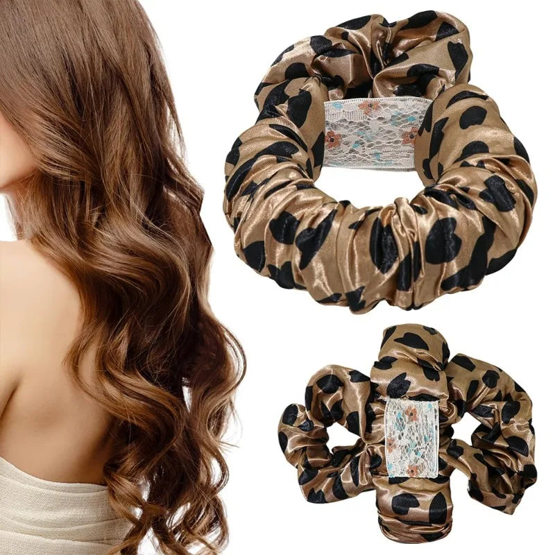 A brown hair model shows a heatless curling rod headband with leopard print fabric.