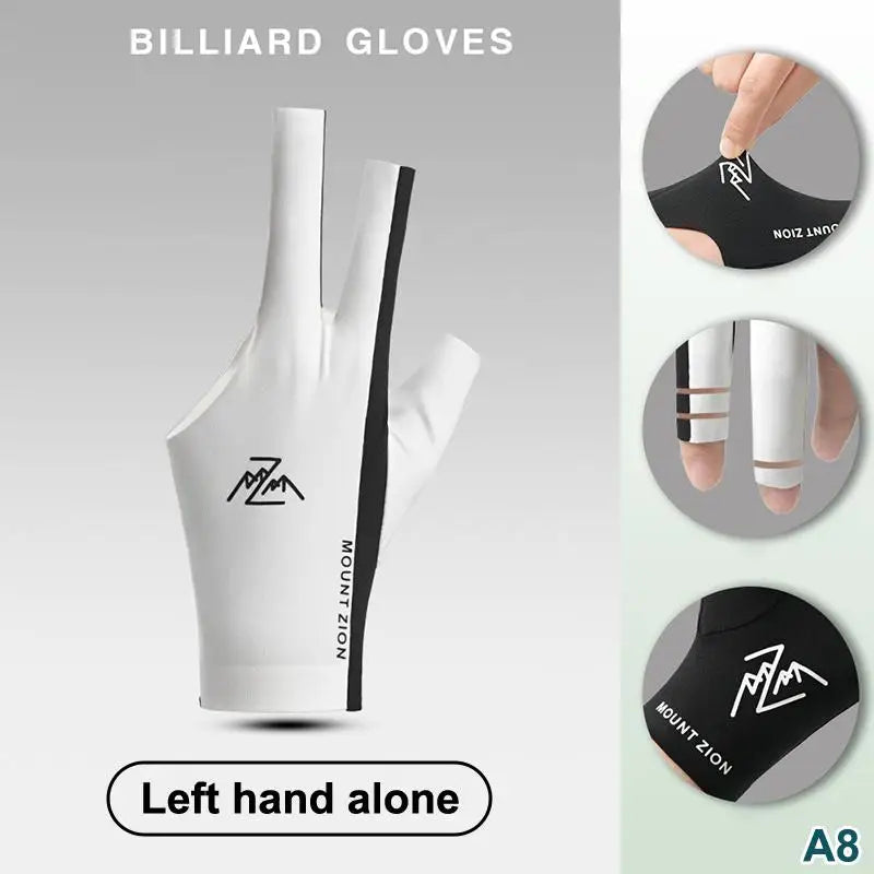 A pair of white and black billiard gloves shown for the left hand alone.
