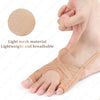 A hand is shown wearing a light beige mesh toe corrector and separator on the foot.