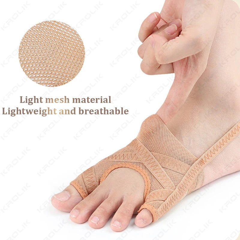 A hand is shown wearing a light beige mesh toe corrector and separator on the foot.