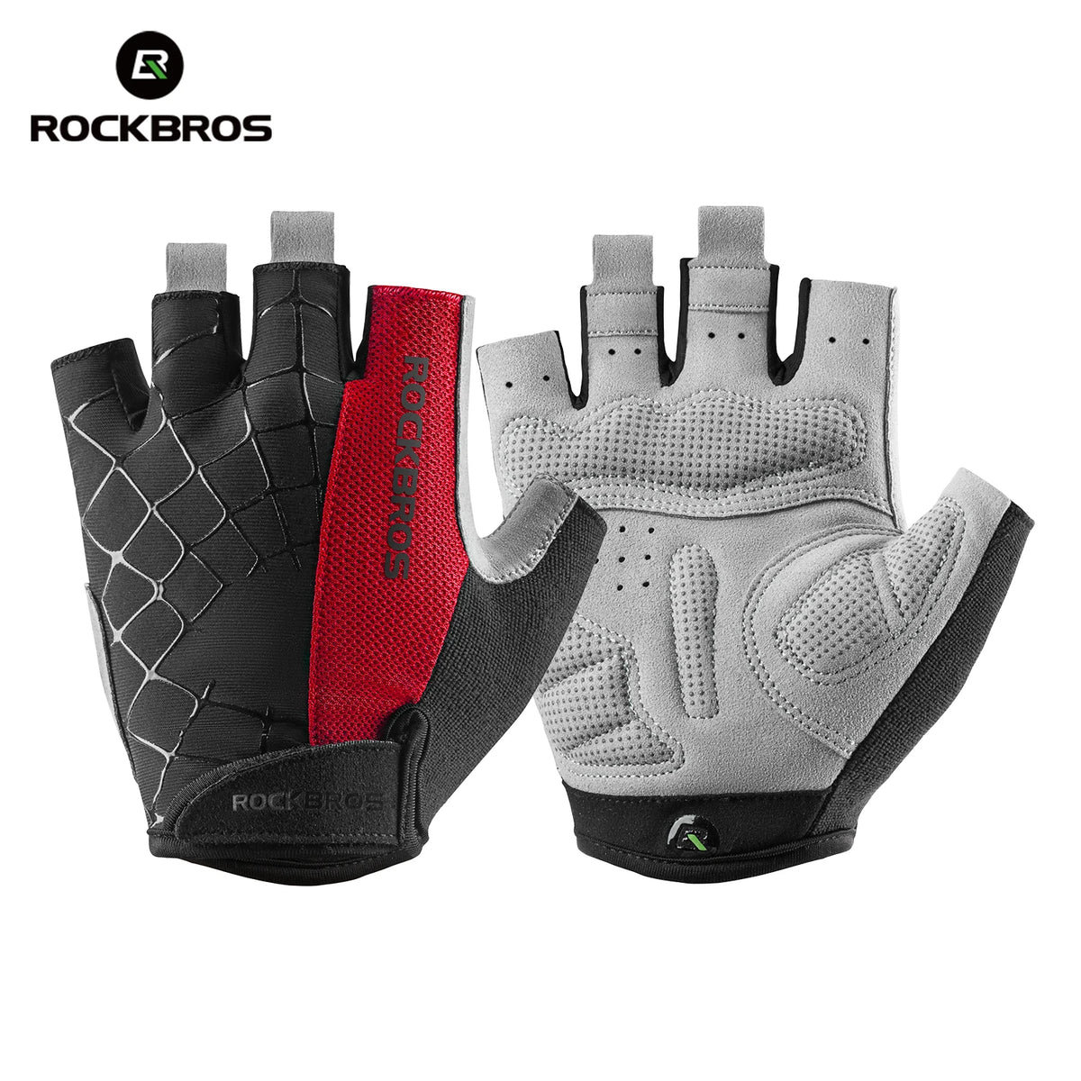 A pair of Rockbros breathable cycling gloves, one black and red, and one gray, displayed against a white background.