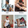 Four images showing people using sports headbands for running, fitness, playing a ball game, and yoga.