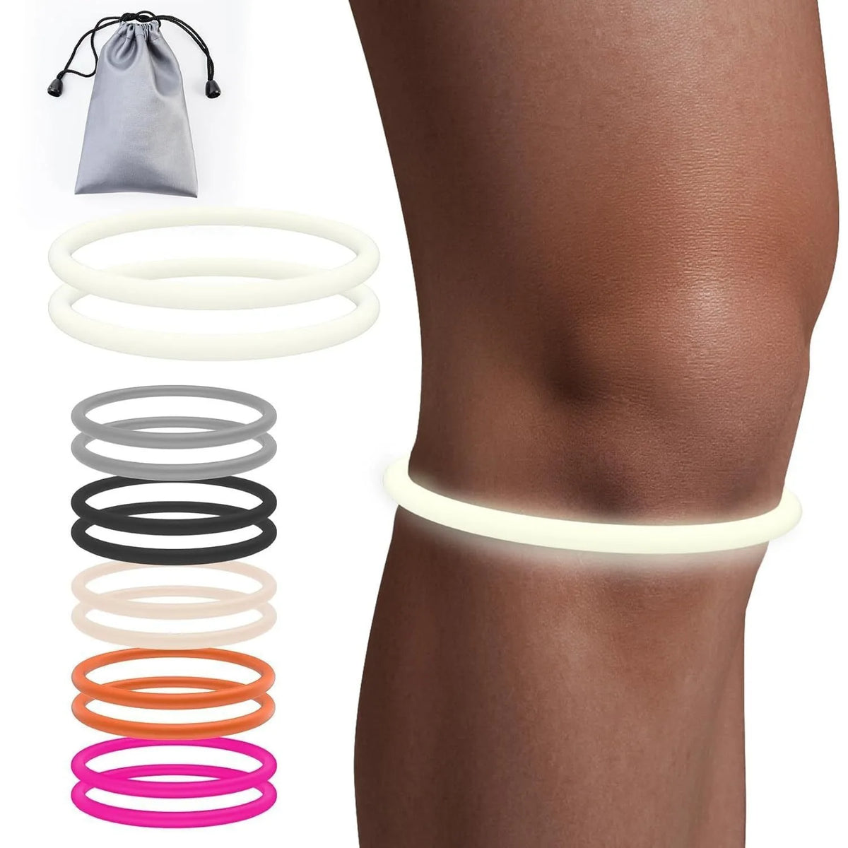 Various colored silicone knee straps shown next to a model's knee for joint support