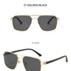 Gold and black square sunglasses shown from the front and side angles.