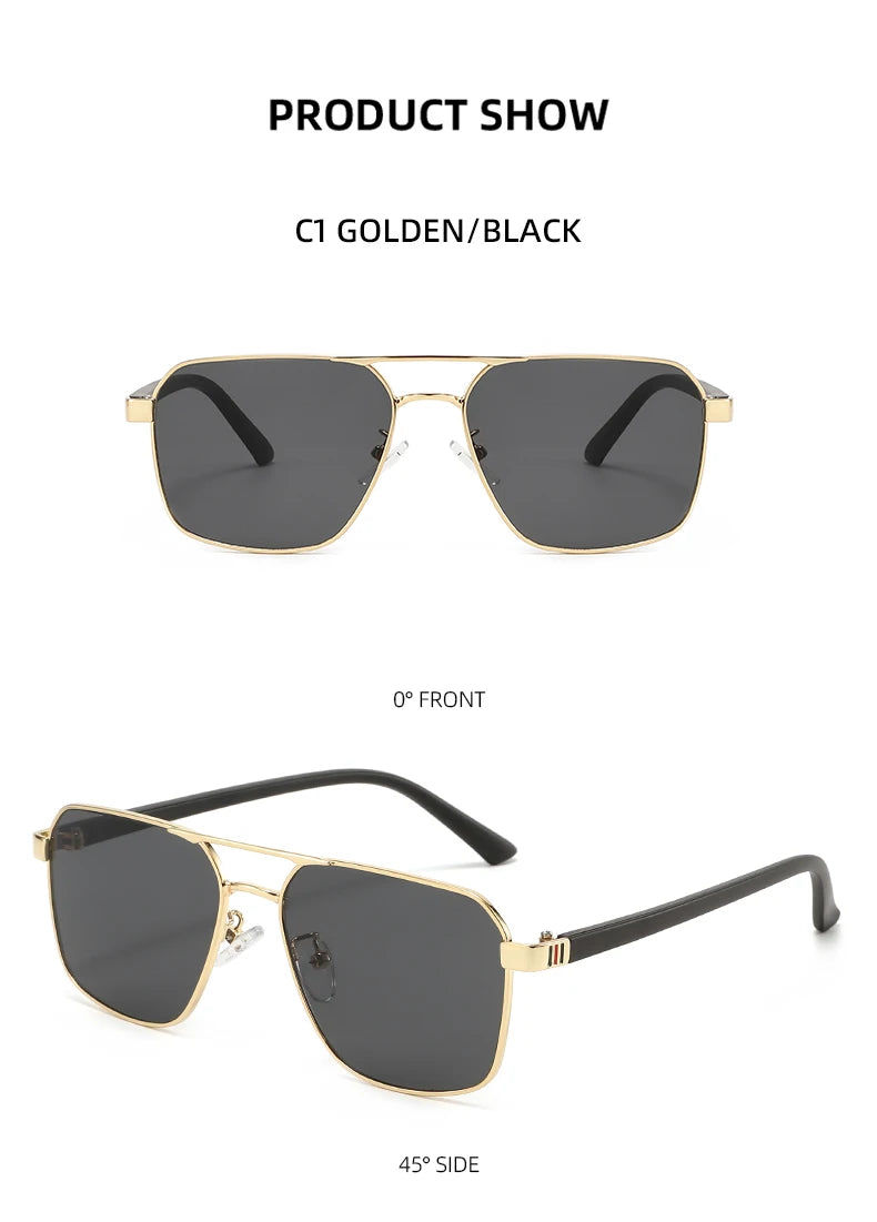 Gold and black square sunglasses shown from the front and side angles.