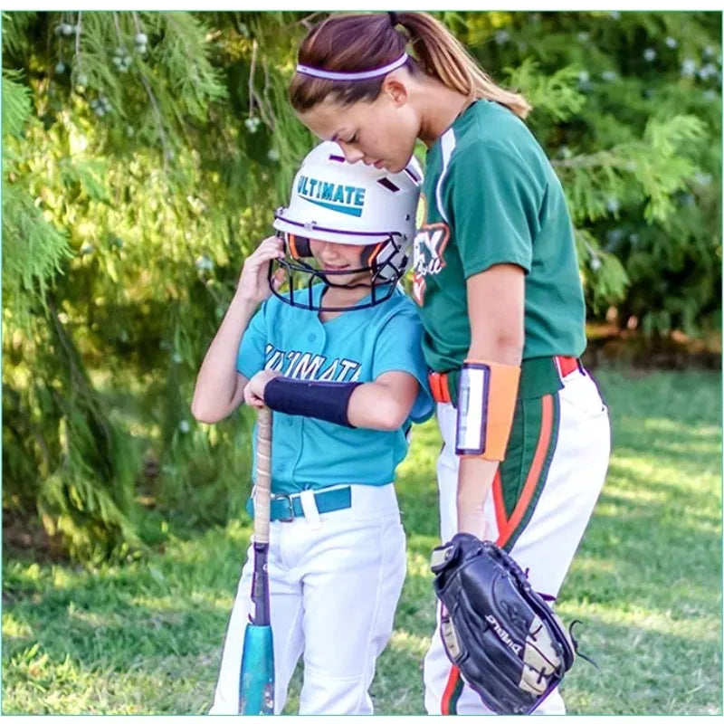A young female athlete wearing a helmet and protective gear is shown in an outdoor setting.