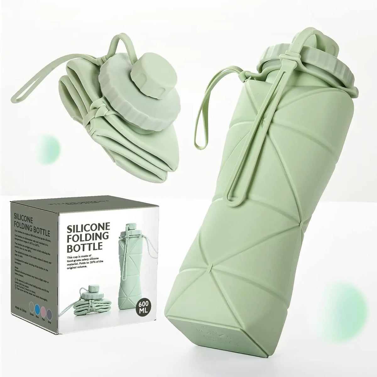 A light green silicone folding bottle shown with its disassembled components and a fully folded version.