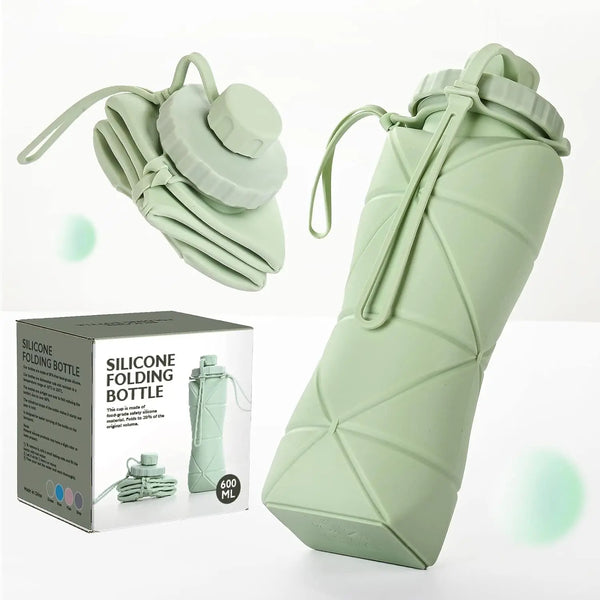 A light green silicone folding bottle shown with its disassembled components and a fully folded version.