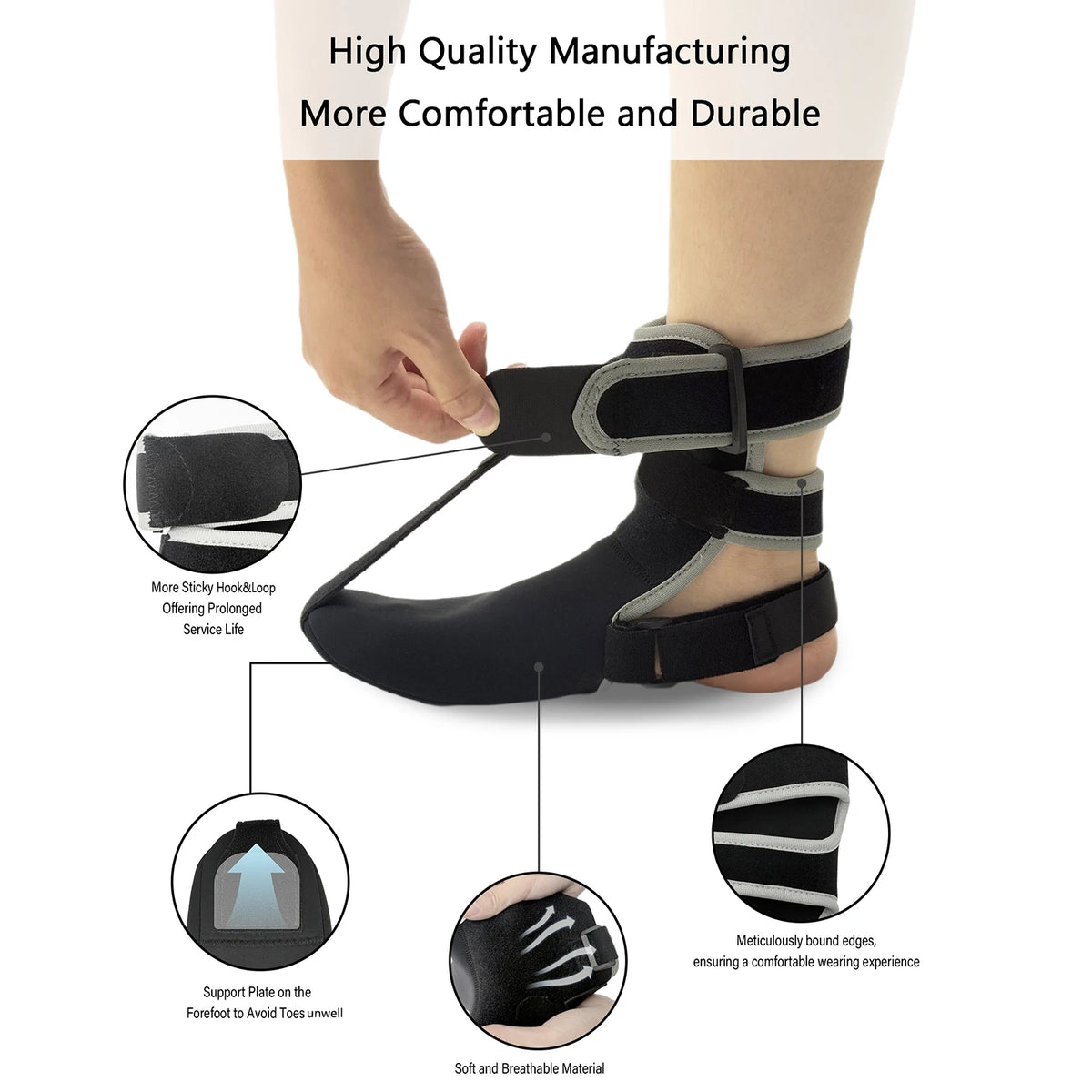 Black comfortable night splint socks being worn on a foot, highlighting features like hook and loop and breathable material.