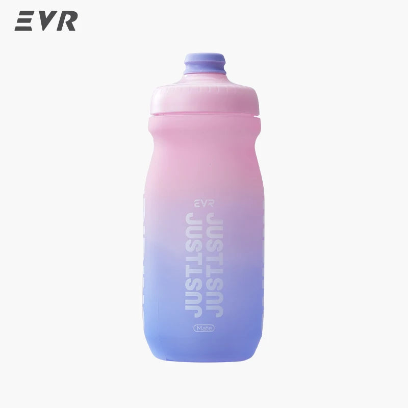 A pink and blue squeezable cycling water bottle with a light blue cap.