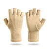 A pair of beige fingerless compression gloves shown against a white background.