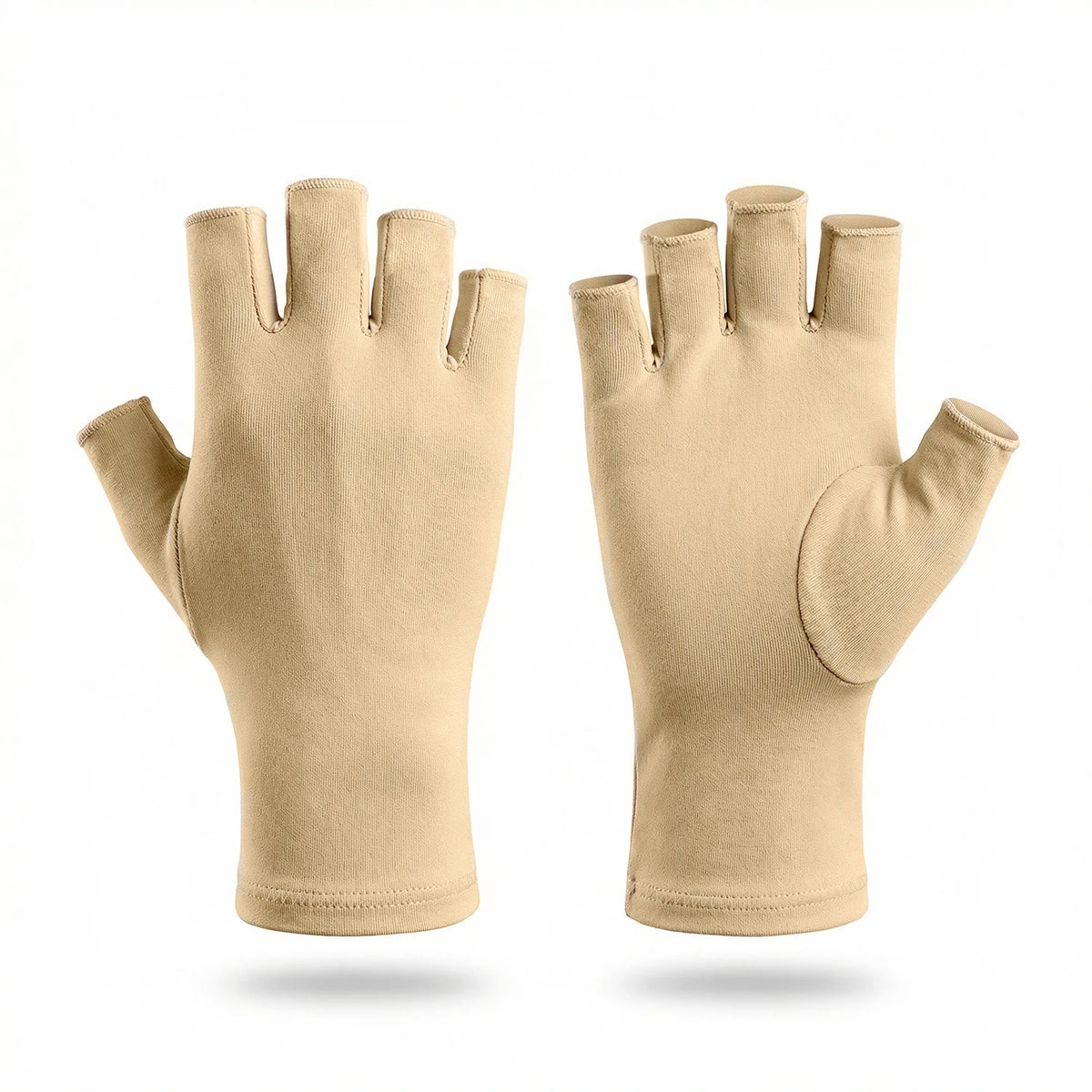 A pair of beige fingerless compression gloves shown against a white background.