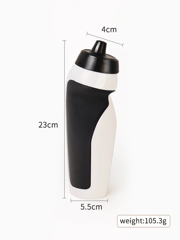 A white and black squeeze water bottle with a black cap, shown in a side profile.