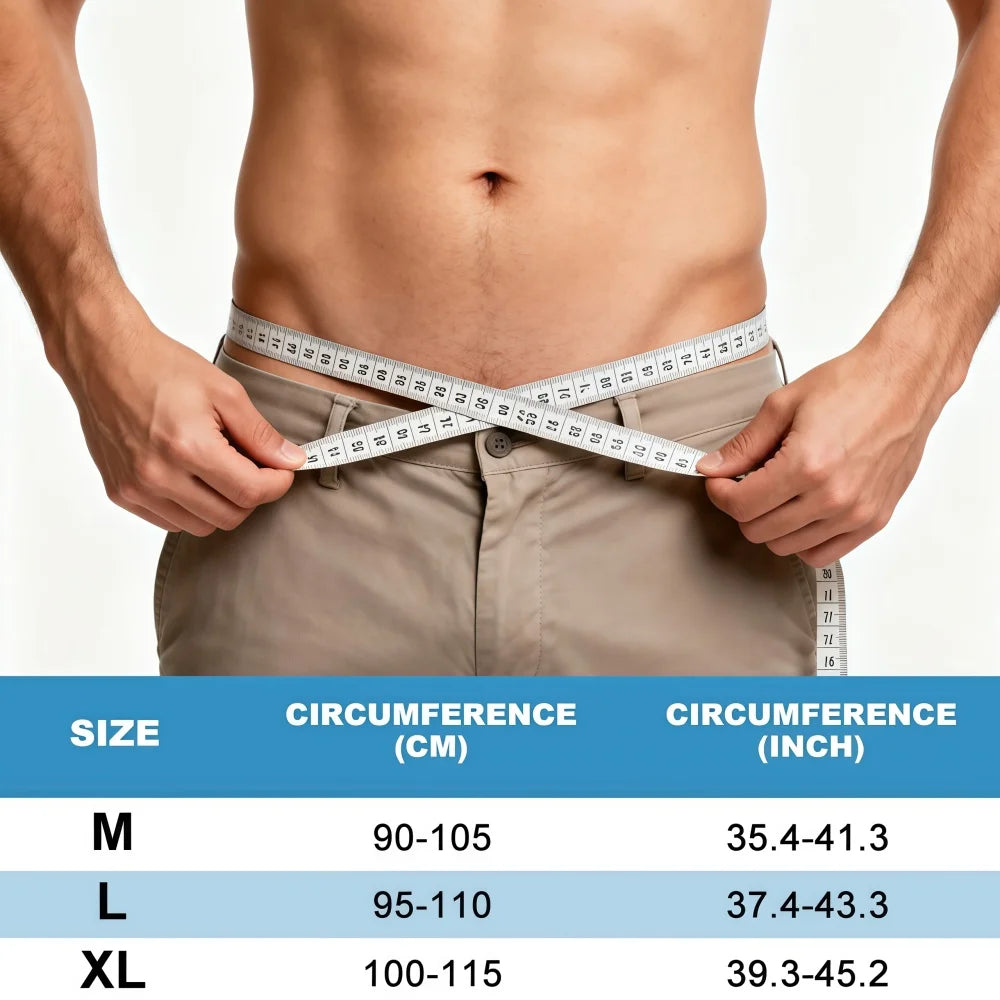 A person is measuring their waist circumference with a tape measure to determine sizing for an adjustable hernia belt.