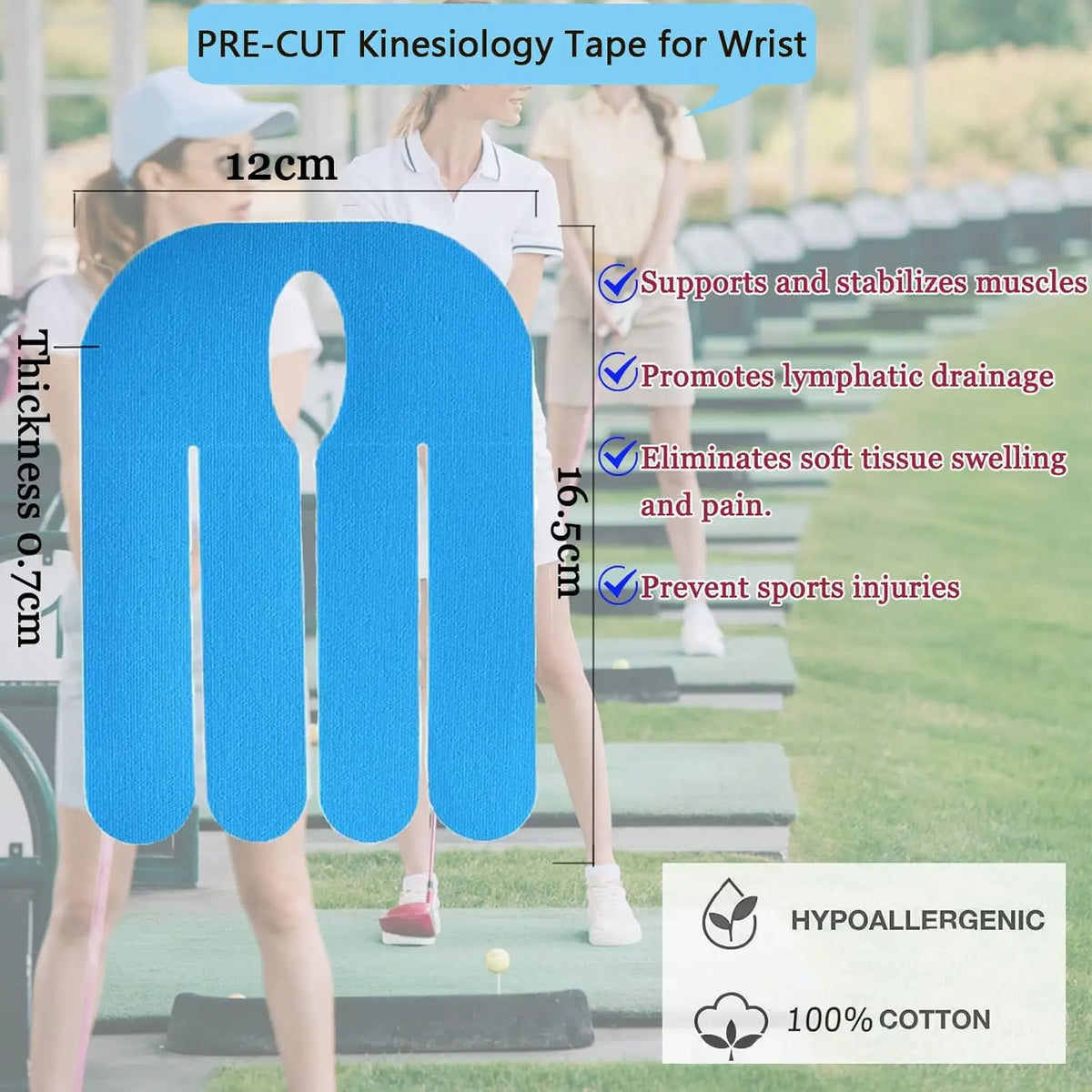 Blue pre-cut kinesiology tape for wrist used to support muscles and prevent sports injuries
