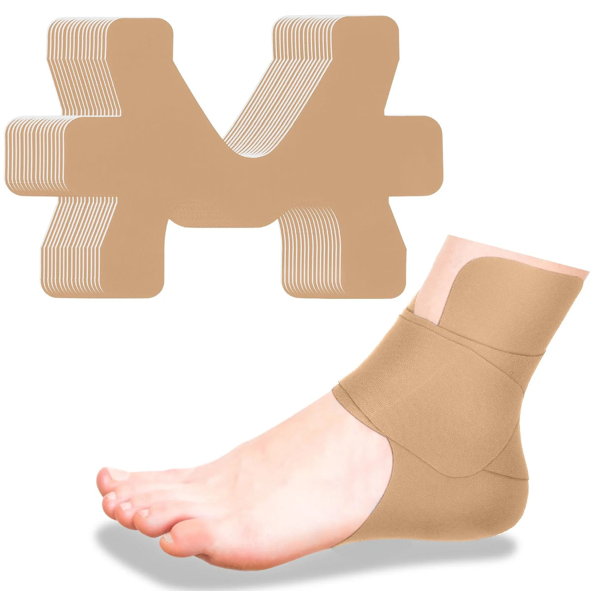 Un ruban élastique beige est enroulé autour de la cheville et du pied d'une personne pour le soutien des articulations.