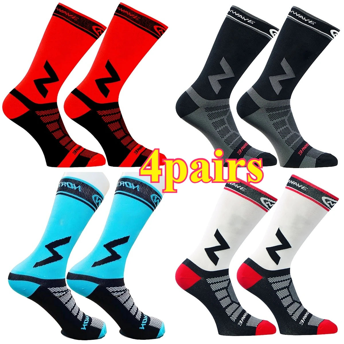 Four pairs of high-quality compression cycling socks in red, black, and blue designs.