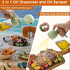 A hand is pressing a switch on a green oil dispenser, demonstrating the 2 in 1 oil dispenser and oil sprayer for cooking.
