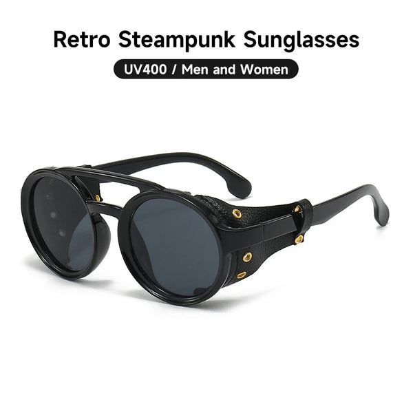 Black retro steampunk sunglasses with dark lenses and gold accents for men and women