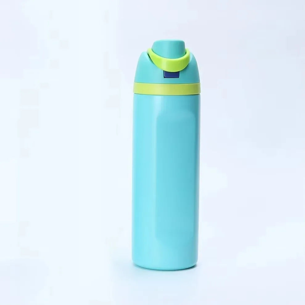 A light blue insulated stainless steel thermos mug with a green lid and straw opening.