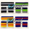 Set of embroidered cotton sports wristbands in various striped colors including black gray green blue and orange