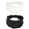 A white, ruched elastic headband is shown next to a black, ruched elastic headband.