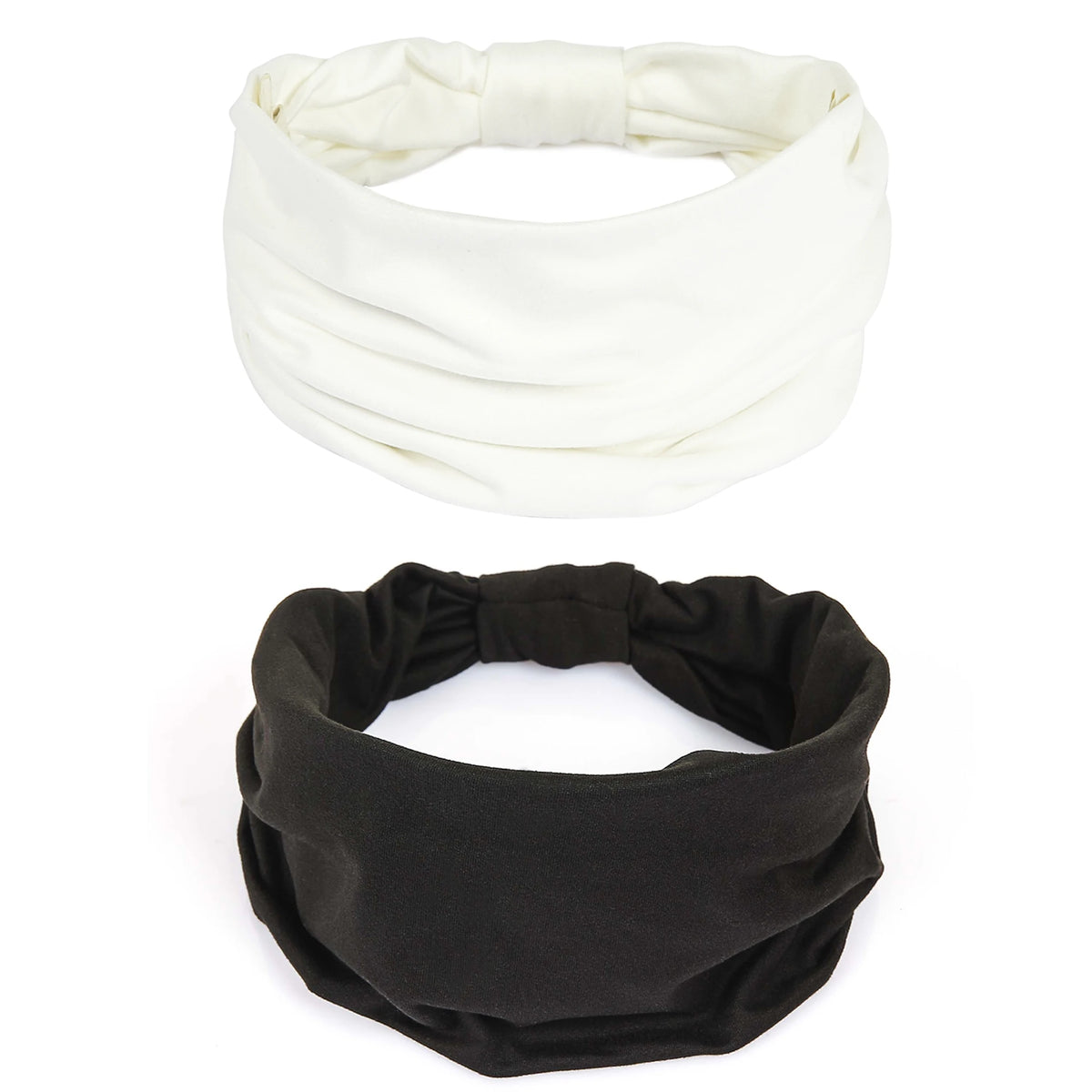 A white, ruched elastic headband is shown next to a black, ruched elastic headband.