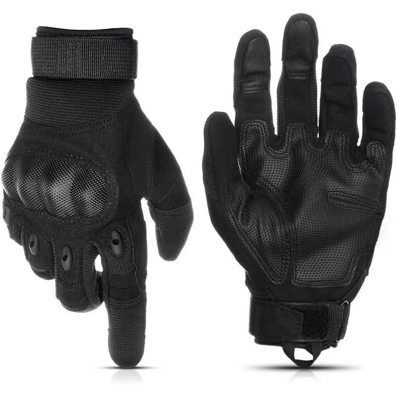 A pair of black tactical fingerless gloves shown against a white background.