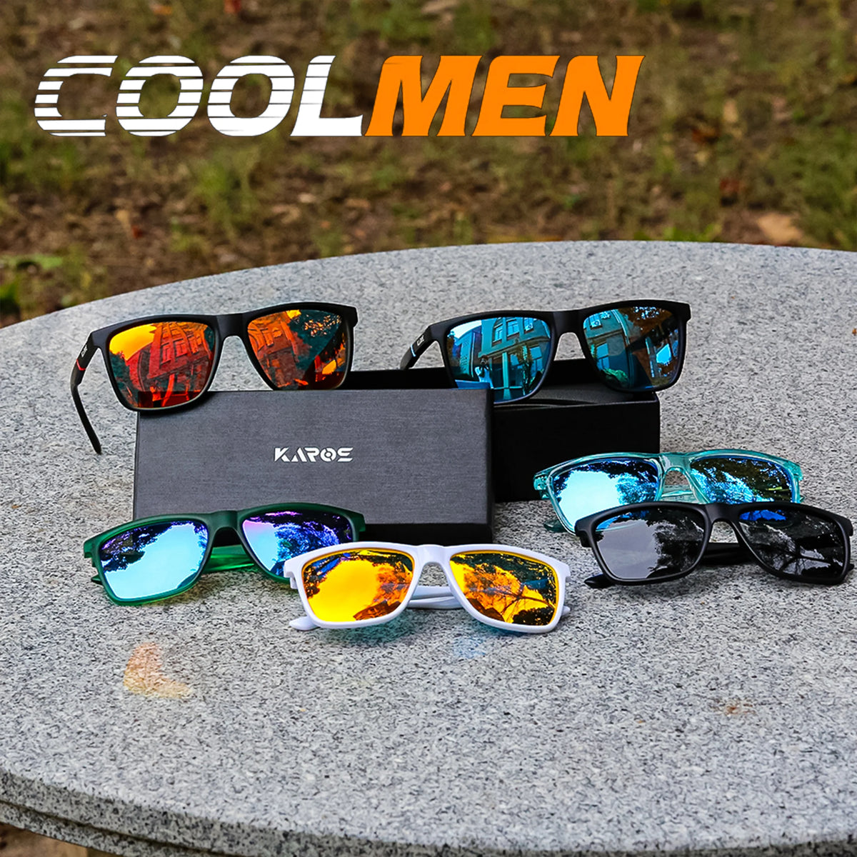 A collection of colorful polarized sports sunglasses displayed on a gray stone surface.