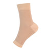 A beige compression sock designed for foot and ankle pain relief.