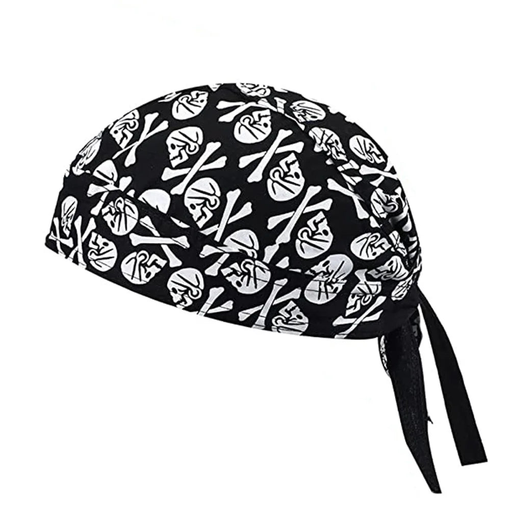 Tocado de pirata con calavera de ciclismo estampado en blanco y negro con lazos negros