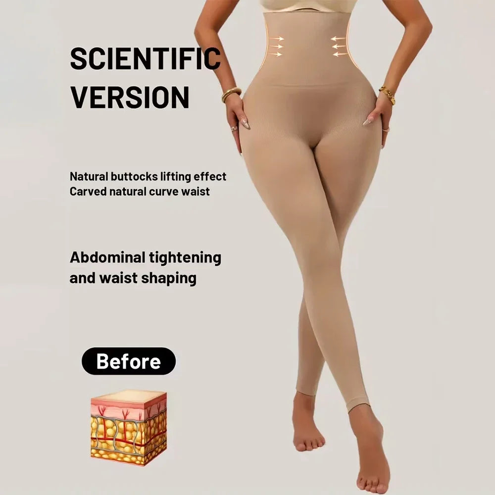 A model wearing beige high-waist compression shaping leggings demonstrating the fit and features.