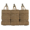 Three tan tactical magazine pouches with adjustable straps are displayed side by side.