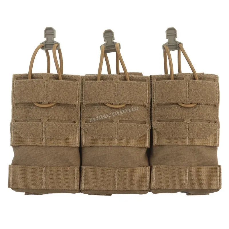 Three tan tactical magazine pouches with adjustable straps are displayed side by side.