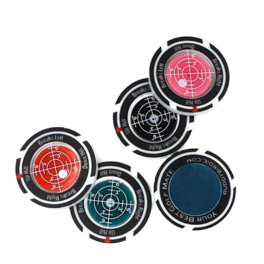 A set of precision golf ball markers and slope meters with various colored targets.